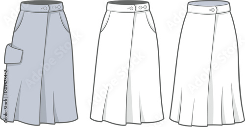 Women's modern A-line midi skirt fashion flat sketch set, featuring patch pocket, curved front pockets, button closure, and technical vector drawing template