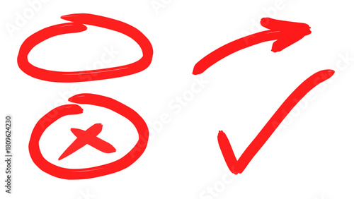 Red Checkmark and Cross Marks, Circular Arrows Symbols for Selection and Direction