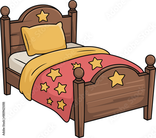 Cozy wooden bed with star patterned bedding for a child s bedroom