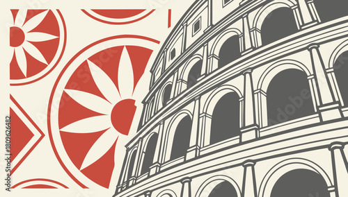 Roman Colosseum and Retro Geometric Floral Pattern Illustration, A vintage-style illustration combining a detailed line drawing of the Roman Colosseum on the right with a bold, red and beige geometric