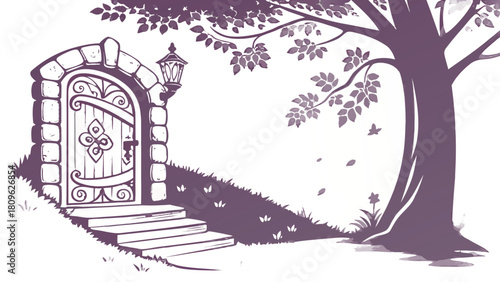 Monochrome Fairy Door and Tree Silhouette Landscape Vector,  A monochrome illustration showing an ornate fairy door built into a grassy hill next to a large tree, with stone steps and a lantern