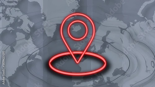 Geolocation technology highlighted neon marker on digital world map