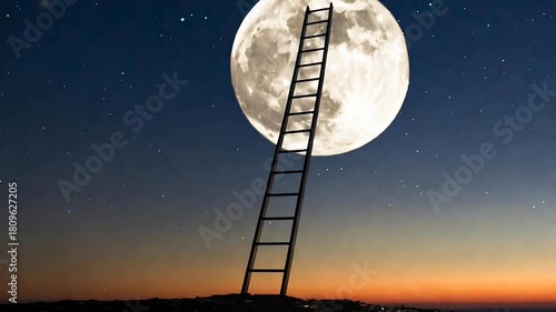 Ladder reaching full moon in starry sky landscape