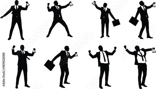 Silhouettes of successful businessmen celebrating with medals, corporate victory concept, business achievement motivation, professional success celebration, career triumph illustration