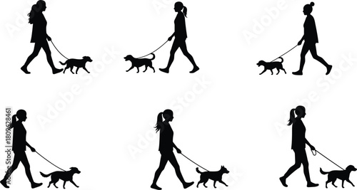 Silhouettes of women walking dogs on leashes, outdoor pet exercise, healthy lifestyle activity, animal care routine, casual walking movement illustration