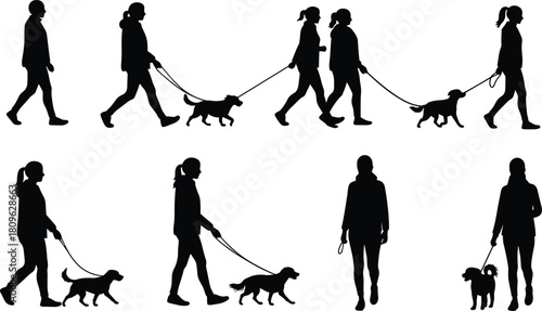Silhouettes of people walking dogs outdoors, pet exercise activity, casual walking lifestyle, animal leash training, healthy outdoor routine, urban pet care illustration