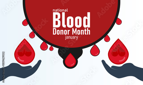 National Blood Donor Month Poster Banner and Background Design Template with Red Drop Icon Heart Symbol and Donation Bag Illustration for Life Saving Awareness Health Support and Volunteer Donation