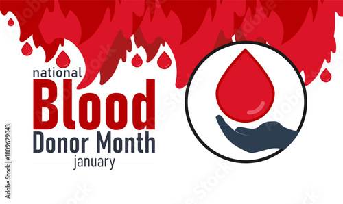 National Blood Donor Month Poster Banner and Background Design Template with Red Drop Icon Heart Symbol and Donation Bag Illustration for Life Saving Awareness Health Support and Volunteer Donation