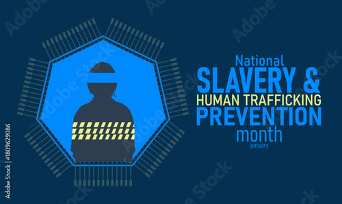 National Slavery and Human Trafficking Prevention Month Poster Banner and Background Design Template with Awareness Ribbon Silhouette and Support Message for Human Rights Protection Safety Advocacy