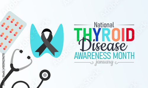 National Thyroid Disease Awareness Month Poster Banner and Background Design Template Featuring Thyroid Gland Icon, Medical Illustration, and Health Symbols for Endocrine Health, Screening