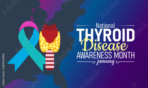 National Thyroid Disease Awareness Month Poster Banner and Background Design Template Featuring Thyroid Gland Icon, Medical Illustration, and Health Symbols for Endocrine Health, Screening