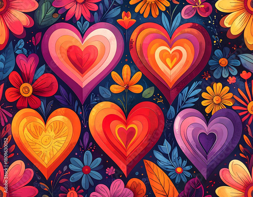 Groovy Retro Repeat, valentine: Hearts and flowers convey love in vibrant geometric design, creating funky, bold, and retro valentine pattern