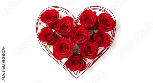 A heart-shaped arrangement of vibrant red roses, symbolizing love and affection, on a white background.