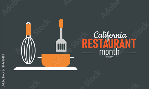 California Restaurant Month Poster Banner and Background Design Template Featuring Food Dishes, Cutlery, and California Map Illustration for Culinary Celebration, Dining Culture, and Food