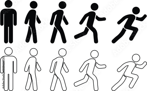 man stands walk run black black line icons set vector illustration design art 