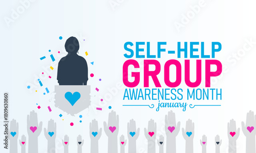 Self-Help Group Awareness Month Poster Banner and Background Design Template Featuring People Silhouettes, Support Icons, and Helping Hands Illustration for Community Support, Collaboration, Awareness