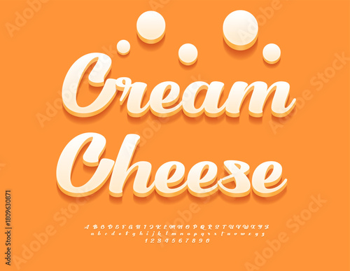 Vector Delicious label Cream Cheese. Beautiful White Font. Artistic 3D Alphabet Letters and Numbers