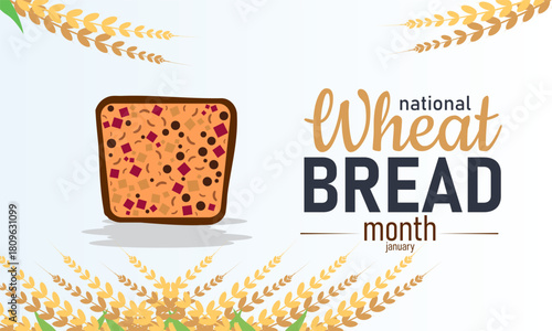 National Wheat Bread Month Poster Banner and Background Design Template Featuring Fresh Loaves, Wheat Grains, and Bakery icon for Baking Celebration, Healthy Eating, Culinary Tradition Festival