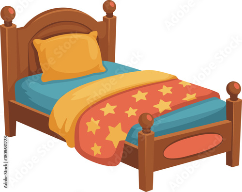 Cozy wooden single bed with colorful star patterned bedding and yellow pillow