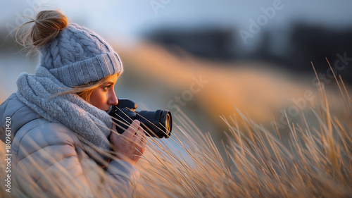 Person in warmer Winterkleidung fotografiert mit Kamera in Weizenfeld bei Sonnenuntergang