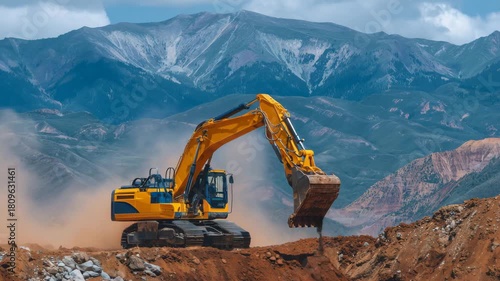 16Excavator scooping ore from rare earth mining pit surrounded by rugged hills and heavy dust clouds, industrial landscape