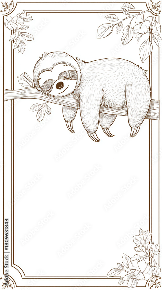 Naklejka premium Adorable Sloth Sleeping on Branch - Vintage Vector Illustration
