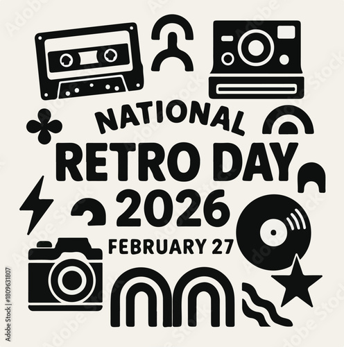 National Retro Day 2026 Silhouette Illustration Featuring Cassette Tape, Vinyl Record, Headphones, and Vintage Icons
