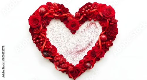 Beautiful heart shape arrangement crafted from red roses, berries, and ribbons on a white background, symbolizing love and romance.