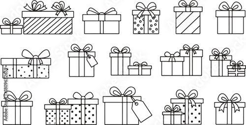 Gift Boxes Icons with Ribbons An Array of Celebration Presents in Line Art Design