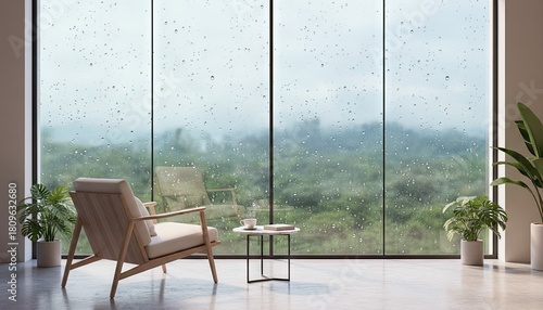 Cozy Living Room with Armchair and Plants Overlooking Misty Forest Landscape on a Rainy Day