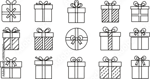 A versatile set of fifteen outline gift box icons with various ribbon designs. Simple black and white vector collection of present symbols for birthdays, Christmas, and other special occasions