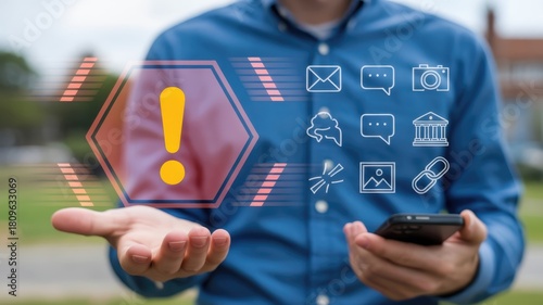 Wallpaper Mural Person holding open palm displaying holographic warning symbol with various application icons floating above Torontodigital.ca