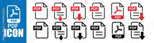 Document icon set black and red color style pdf file download collection vector illustration