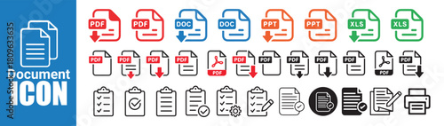 Document file type icons set with various extensions like PDF DOC PPT and XLS with download