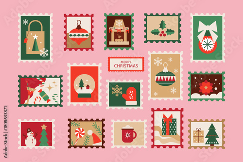 Big set of Christmas stamp stickers.Vector illustration