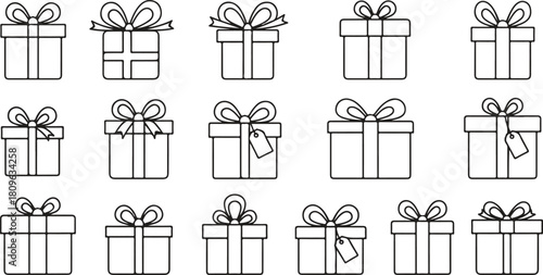 Diverse Gift Box Collection Black and White Presents Icons, Perfect for Celebrations and Holidays
