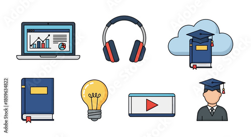 Collection of flat design icons representing online education concepts including a laptop with charts headphones a book in the cloud a lightbulb a video player and a graduate student