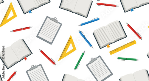 Seamless pattern of open books clipboards pens and rulers scattered on a white background representing education and learning