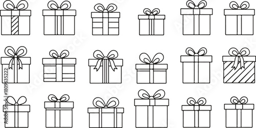 Vector illustration set of black outline gift boxes icons with bows, simple present icons for holidays and birthdays