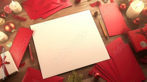 plain peice of A4 white paper sat in portrait mode on top of red envelopes and other peices of paper a wooden desk surrounded by red envelopes and christmas paraphanalia