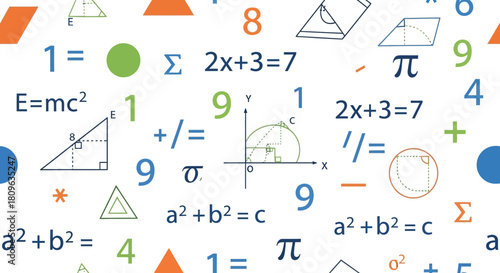 A vibrant and colorful collage of mathematical symbols equations and geometric shapes on a white background representing education and learning