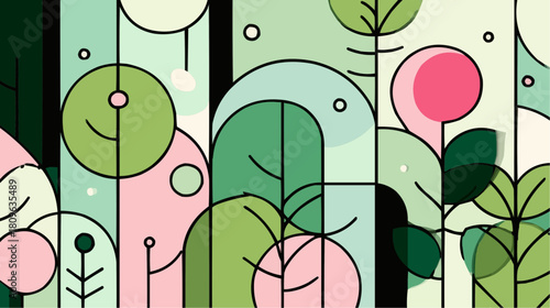 Abstract spring forest made of circles, arches and leaf shapes in a clean geometric composition, using fresh soft greens for a light seasonal mood.
