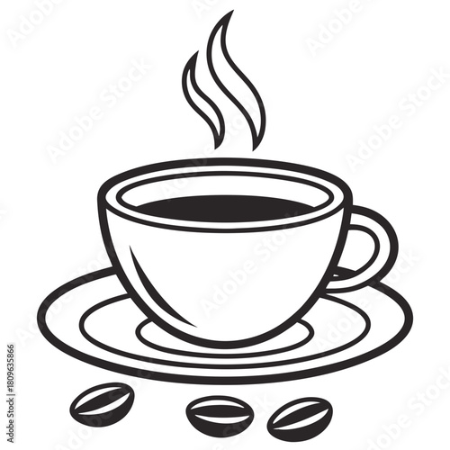 Vector illustration of minimalist cup of steam hot coffee icon, surrounded by detailed coffee beans