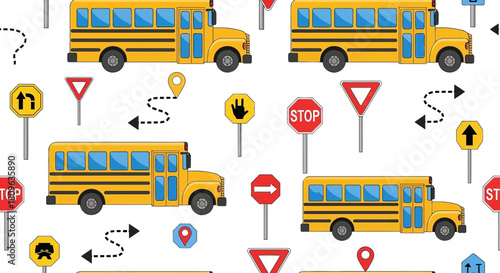 Seamless pattern of yellow school buses and various traffic signs including stop signs and directional arrows on a white background