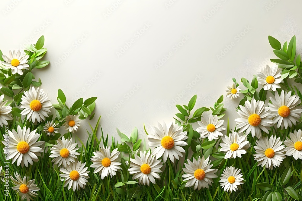 Fototapeta premium Daisies and grass border on a clean background