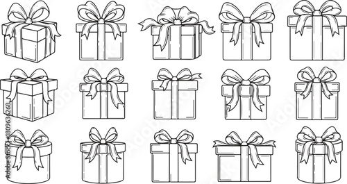 Festive Gift Box Collection Line Art Vector Graphics Icons Set for Celebrations, Presents, and Special Occasions