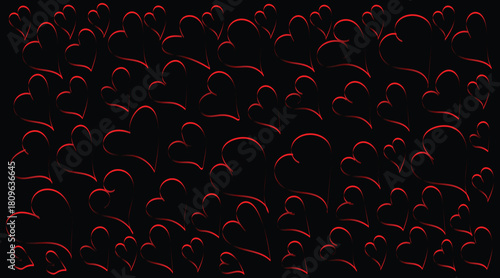 glowing red heart pattern on dark background, seamless neon heart outline decorative design, vibrant romantic red heart silhouette backdrop
