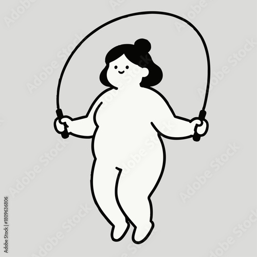 An illustration of a plump woman joyfully skipping rope, emphasizing a healthy and active lifestyle.