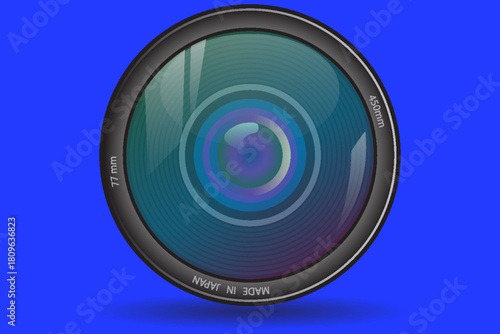 Front view of photo camera lens isolated on blue background. Vector illustrtion