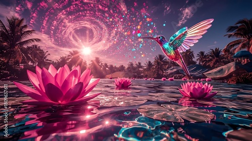 Fantasy hummingbird over glowing lotus flowers on a tropical lagoon, swirling cosmic sky with sparkling particles